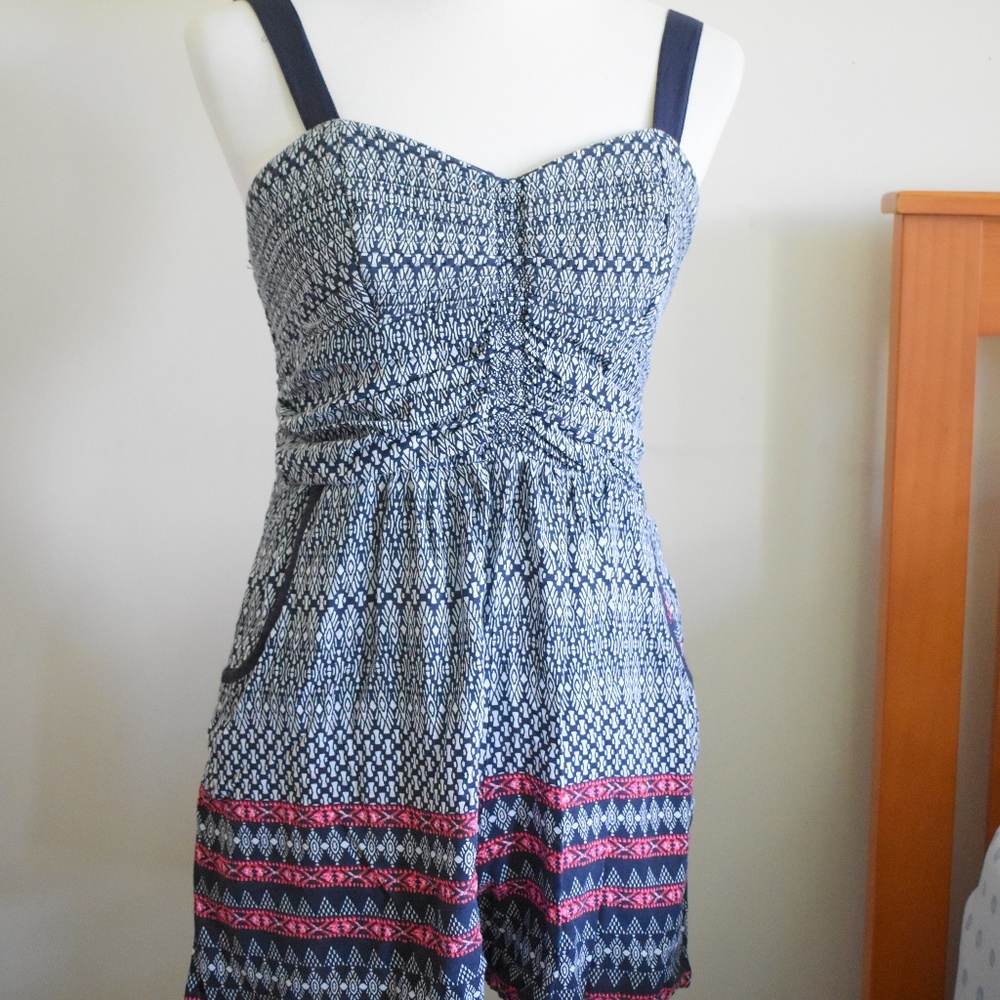Navy + Pink Printed Sleeveless Romper